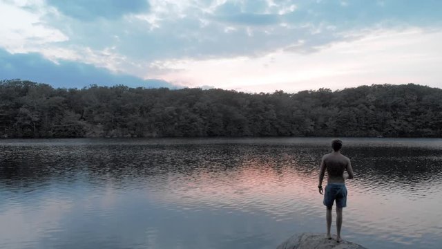 Aerial: Man On Rock Staring at Lake