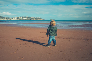 Little toddler standing on the beach in winter