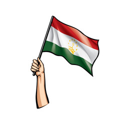 Tajikistan flag and hand on white background. Vector illustration