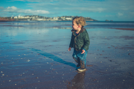 Little toddler standing on the beach in winter