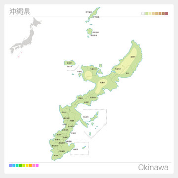 沖縄県の地図（等高線・色分け・市町村・区分け）