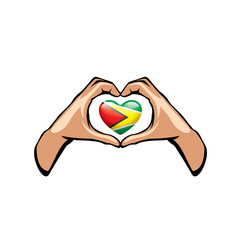 Guyana flag and hand on white background. Vector illustration