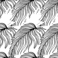Seamless Background With Palm  Leaves And Tropical Flowers. Jungle Pattern  For Textile Or Book Covers, Manufacturing, Wallpapers, Print, Gift Wrap And Scrapbooking. Hand Drawn Monochrome Wallpaper.