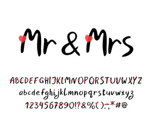 Hand brush Alphabet with love hearts. Vector letters, numbers and punctuation marks