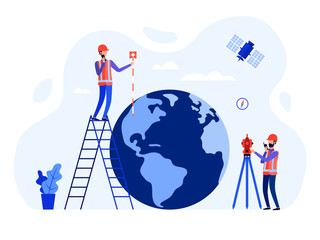 Concept surveyors, geodesists and land engineers using the total station, theodolite, measuring instruments, satellite, globe. Vector flat illustration. 