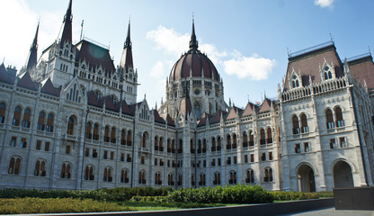 Fototapeta na wymiar View of the part of Hungarian Parliament on the bank of the Danube in Budapest, Hungary