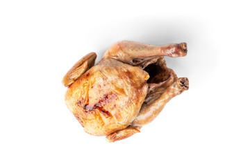 Roasted whole chicken isolated on white background.