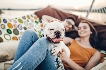Cute dog smiling while on a trip with his owners, joyful young family, woman petting dog while lying in comfortable hammock on a beach - Powered by Adobe