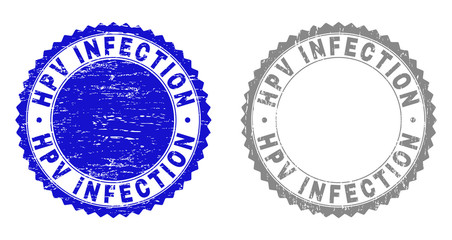 Grunge HPV INFECTION stamp seals isolated on a white background. Rosette seals with grunge texture in blue and gray colors. Vector rubber stamp imitation of HPV INFECTION caption inside round rosette.