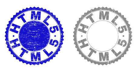 Grunge HTML5 stamp seals isolated on a white background. Rosette seals with grunge texture in blue and gray colors. Vector rubber stamp imitation of HTML5 caption inside round rosette.