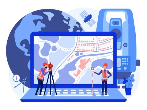 Concept Cadastral Engineers, Surveyors And Cartographers Produce Geodetic Survey Of The Area Using Theodolite And Map On A Laptop. Vector Flat Illustration. 