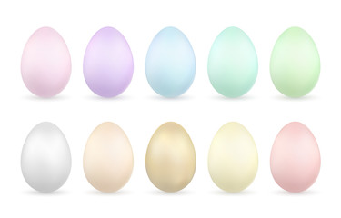 Easter egg 3D icons. Gold, color pastel eggs set isolated white background. Golden design, decoration Happy Easter celebration. Holiday elements pattern collection. Spring symbol. Vector illustration