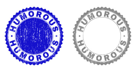 Grunge HUMOROUS stamp seals isolated on a white background. Rosette seals with grunge texture in blue and gray colors. Vector rubber stamp imitation of HUMOROUS title inside round rosette.