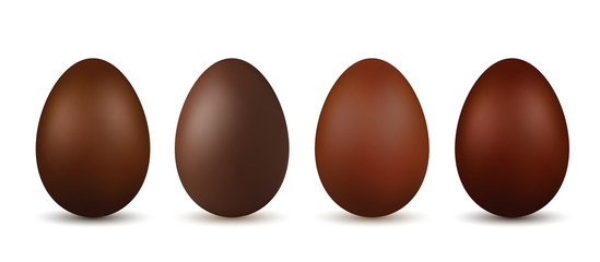 Easter egg 3d. Chocolate brown eggs set, isolated white background. Traditional sweet candy dessert, decoration Happy Easter celebration. Design element spring holiday, greeting. Vector illustration