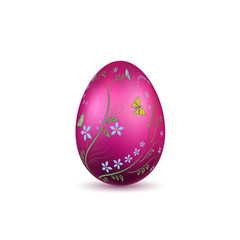 Easter egg 3D icon. Pink shine egg isolated white background. Floral hand drawn design, flower branch decoration pattern Happy Easter celebration. Holiday element. Spring symbol. Vector illustration