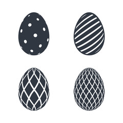 Easter egg icons. Black eggs set, isolated white background. Simple design, decoration Happy Easter. Holiday decorative elements collection. Cute pattern ornament. Spring symbol. Vector illustration