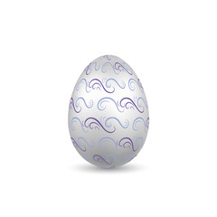 Easter egg 3D icon. Ornate silver egg, isolated white background. Wave realistic design, decoration Happy Easter celebration. Holiday ornamental element. Graceful spring pattern. Vector illustration