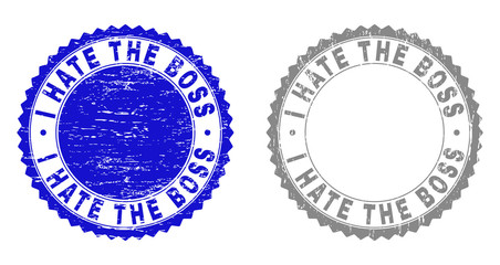 Grunge I HATE THE BOSS stamp seals isolated on a white background. Rosette seals with distress texture in blue and gray colors.