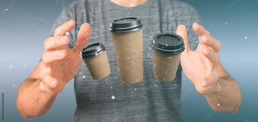 Poster group of cardbox coffee cup with connection 3d rendering