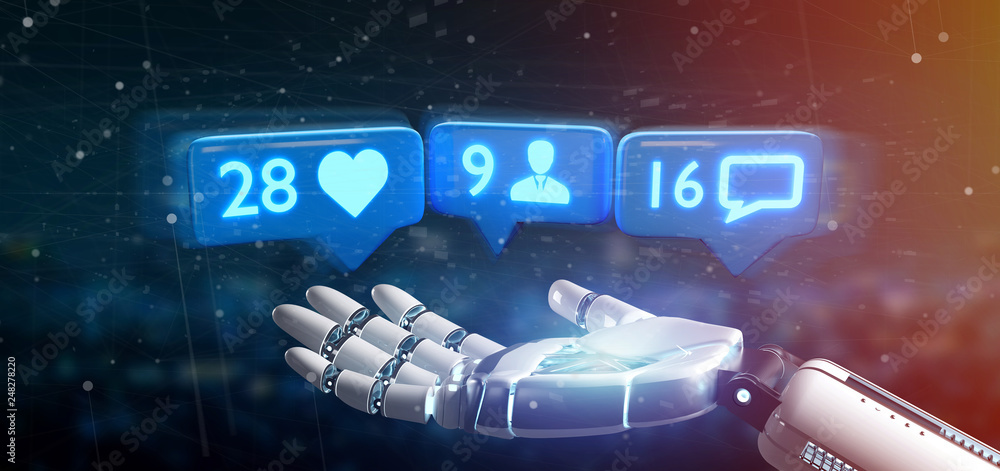 Poster cyborg hand holding like, follower and message notification on social network - 3d rendering