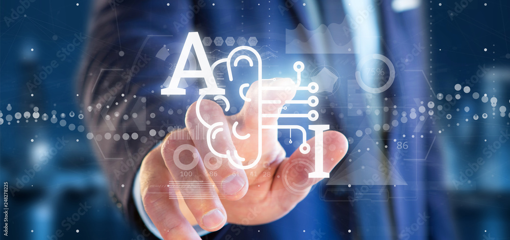Poster business man holding artificial intelligence icon with half brain and half circuit 3d rendering