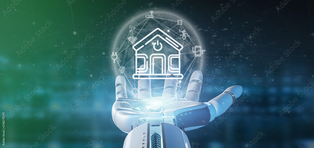 Aufkleber cyborg holding smart home interface with icon, stats and data 3d rendering