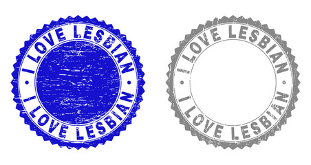 Grunge I LOVE LESBIAN stamp seals isolated on a white background. Rosette seals with grunge texture in blue and gray colors. Vector rubber stamp imitation of I LOVE LESBIAN title inside round rosette.