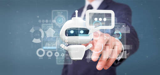 Businessman holding Chatbot with binary code, message and data 3d rendering