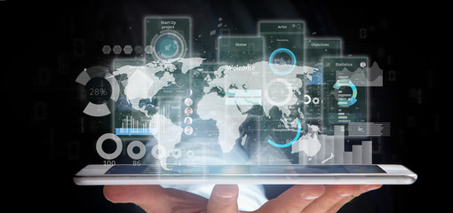 Businessman holding User interface screens with icon, stats and data 3d rendering