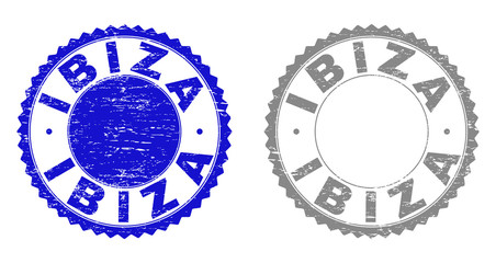 Grunge IBIZA stamp seals isolated on a white background. Rosette seals with distress texture in blue and grey colors. Vector rubber stamp imprint of IBIZA label inside round rosette.