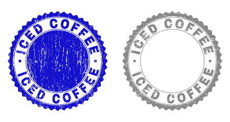 Grunge ICED COFFEE stamp seals isolated on a white background. Rosette seals with grunge texture in blue and gray colors. Vector rubber stamp imprint of ICED COFFEE tag inside round rosette.