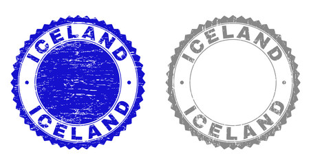 Grunge ICELAND stamp seals isolated on a white background. Rosette seals with grunge texture in blue and grey colors. Vector rubber stamp imitation of ICELAND text inside round rosette.