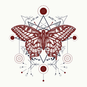 Esoteric magic butterfly geometrical style tattoo. Beautiful Swallowtail boho t-shirt design. Mystical esoteric symbol of freedom, travel, tourism