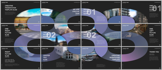 Minimal presentations design, portfolio vector templates with circle elements on black background. Multipurpose template for presentation slide, flyer leaflet, brochure cover, report, advertising.