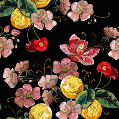 Embroidery blossoming lemons and cherry seamless pattern. Botanical illustration. Fashion template for clothes, textiles and t-shirt design