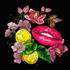 Embroidery red lips, lemons, butterfly and flowers. Summer art. Fashion template for clothes, textiles and t-shirt design
