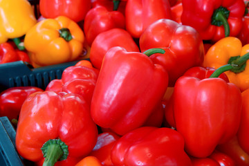 red and yellow peppers . Harvest bell peppers on the market
