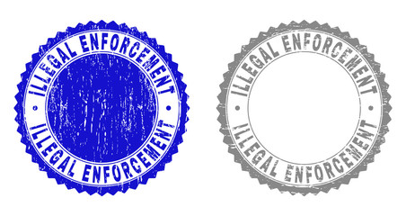 Grunge ILLEGAL ENFORCEMENT stamp seals isolated on a white background. Rosette seals with grunge texture in blue and gray colors.