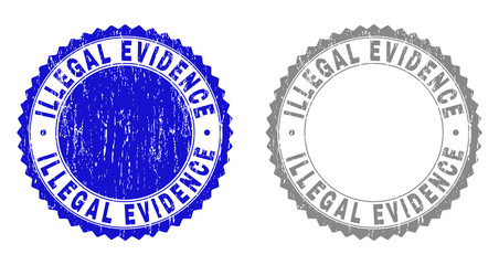 Grunge ILLEGAL EVIDENCE stamp seals isolated on a white background. Rosette seals with grunge texture in blue and grey colors.