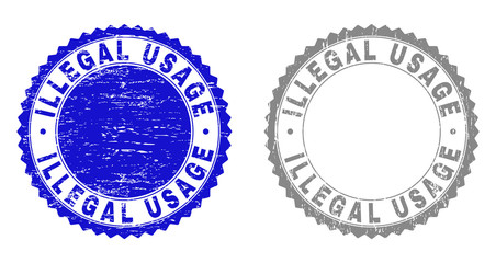 Grunge ILLEGAL USAGE stamp seals isolated on a white background. Rosette seals with grunge texture in blue and grey colors. Vector rubber stamp imprint of ILLEGAL USAGE caption inside round rosette.