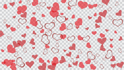 Red hearts of confetti are flying. Festive background. Red on Transparent background Vector. Design element for wallpaper, textiles, packaging, printing, holiday invitation for Valentine's Day.