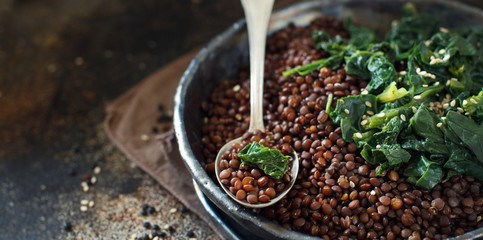 Black lentils and spinach stew