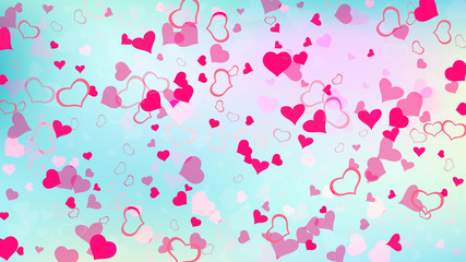 Red on Ggradient background Vector. Red hearts of confetti are flying. Spring background. Part of the design of wallpaper, textiles, packaging, printing, holiday invitation for Valentine's Day.