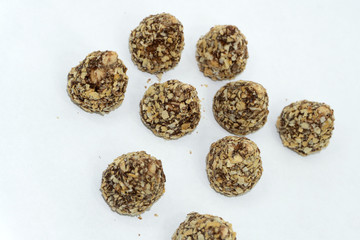 Sweet dessert - chocolate candy truffles with cocoa powder