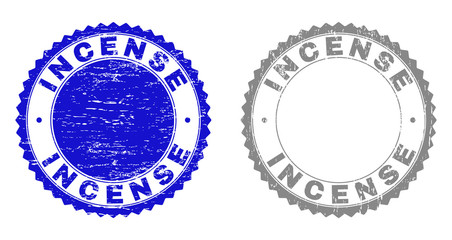 Grunge INCENSE stamp seals isolated on a white background. Rosette seals with grunge texture in blue and gray colors. Vector rubber stamp imitation of INCENSE label inside round rosette.