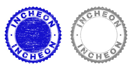 Grunge INCHEON stamp seals isolated on a white background. Rosette seals with grunge texture in blue and gray colors. Vector rubber watermark of INCHEON text inside round rosette.