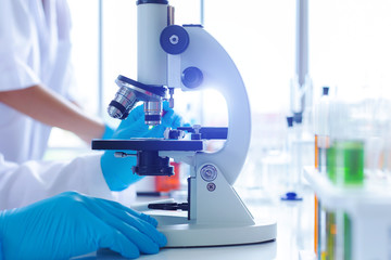 The scientist test new product by test tube in health sciences, life sciences and chemistry experiments.