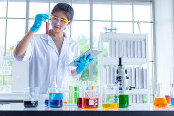 Fototapeta premium The scientist test new product by test tube in health sciences, life sciences and chemistry experiments.