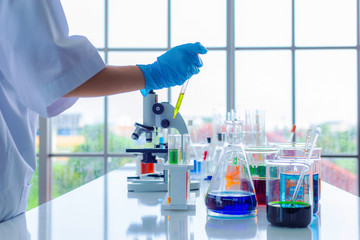The scientist test new product by test tube in health sciences, life sciences and chemistry...