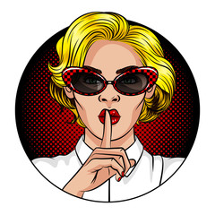 Color vector illustration in the style of comic pop art. A girl with blond hair and red lips. The girl holds the index finger at the mouth. The girl shows a sign of silence. Girl in vintage glasses